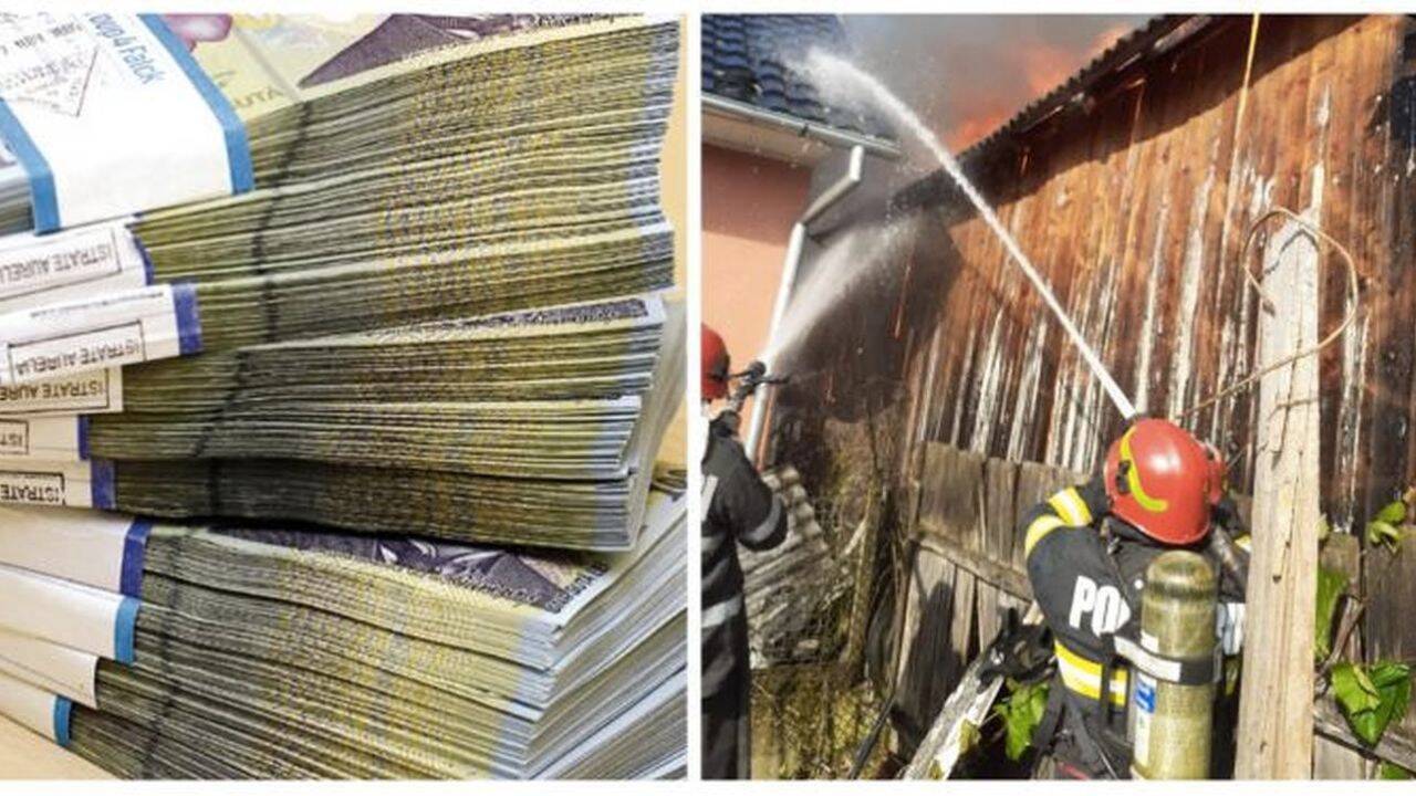 un colaj cu bancnote si pompieri care incearca sa stinga focul