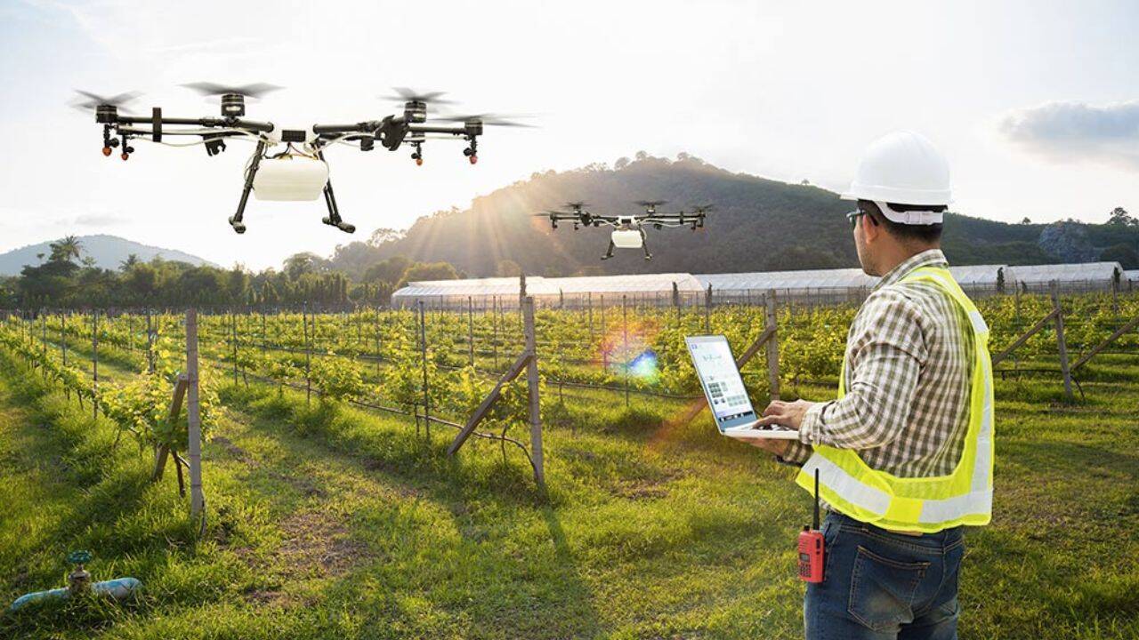 un inginer agronom care controleaza drone pe camp