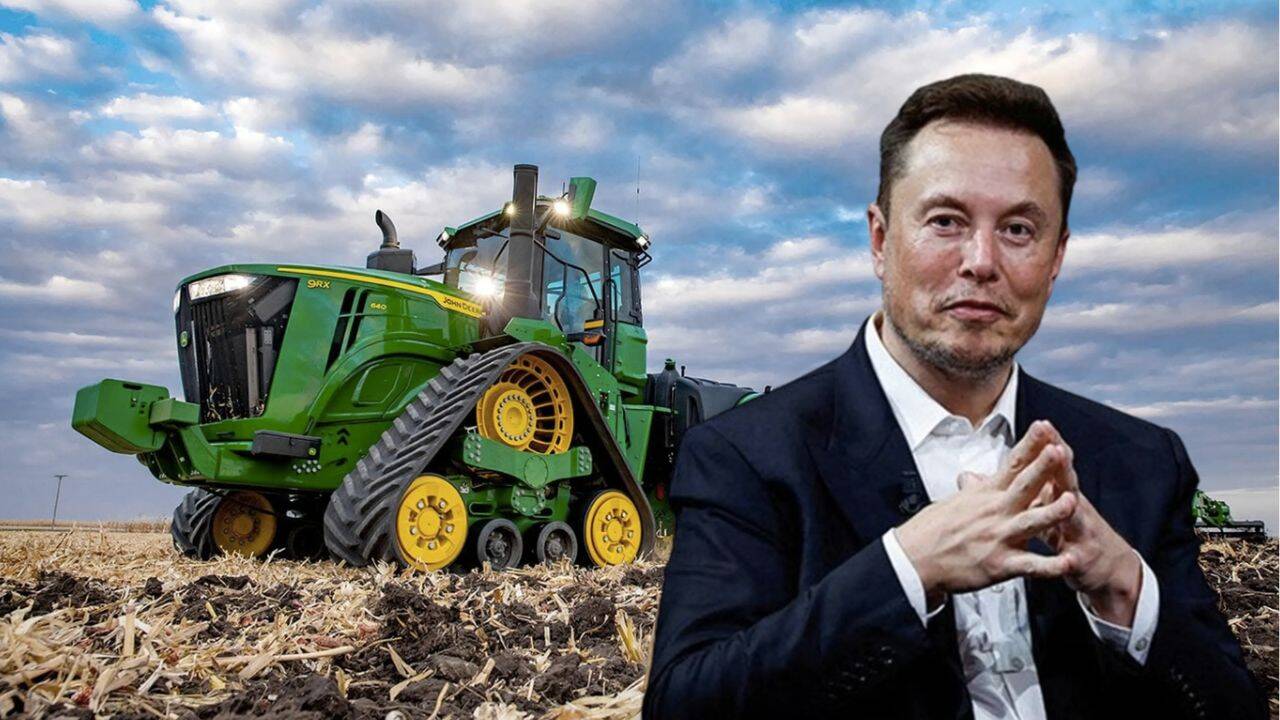 Elon Musk si un tractor John Deere pe camp