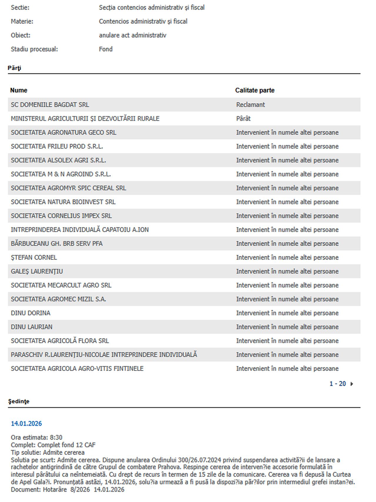 Decizia instanței privind ordinul de stopare a activității antigrindină în județul Parhova 