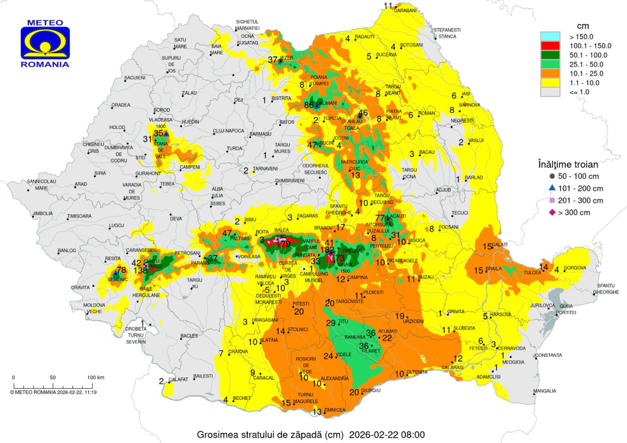 Hartă. Grosimea stratului de zăpadă în dimineața de duminică, 22 februarie
