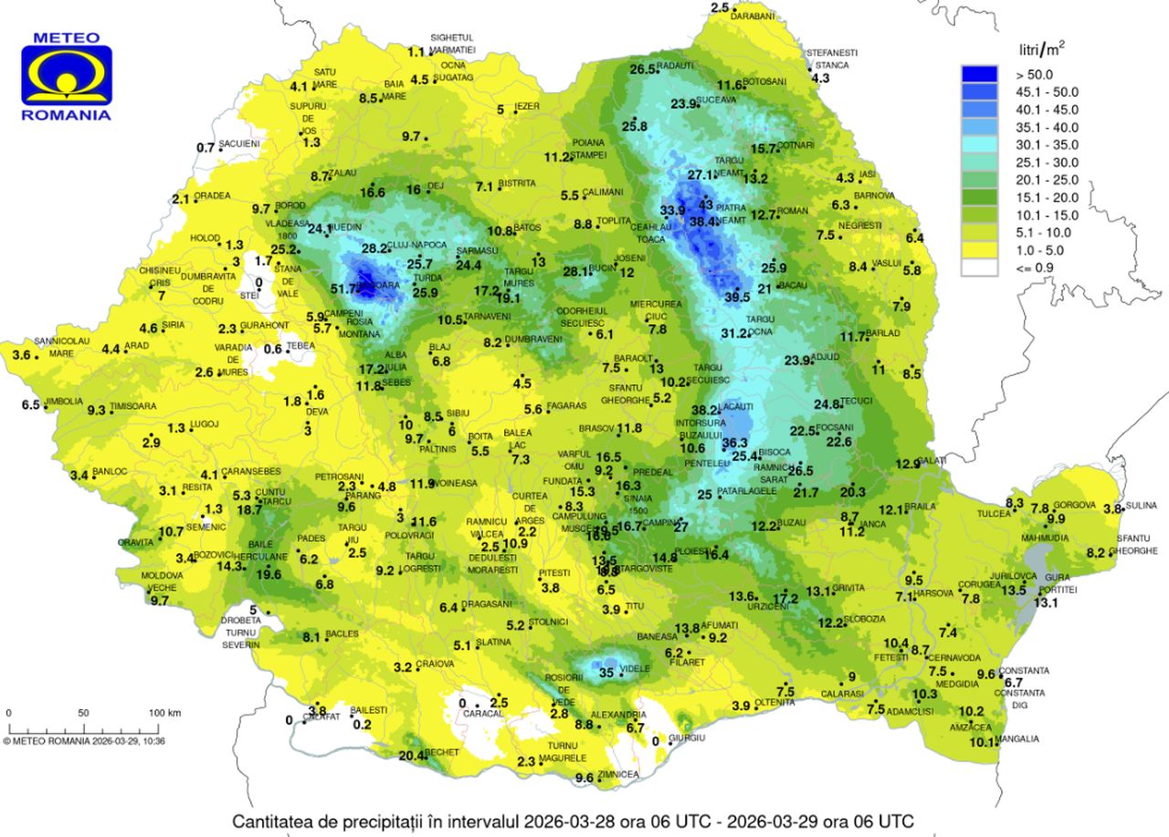 Indice de precipitații - sâmbătă, 28 martie 2026