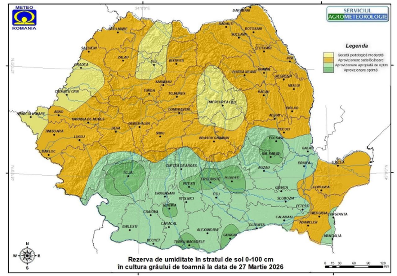 Rezerva de apă în sol la data de 27 martie 2026