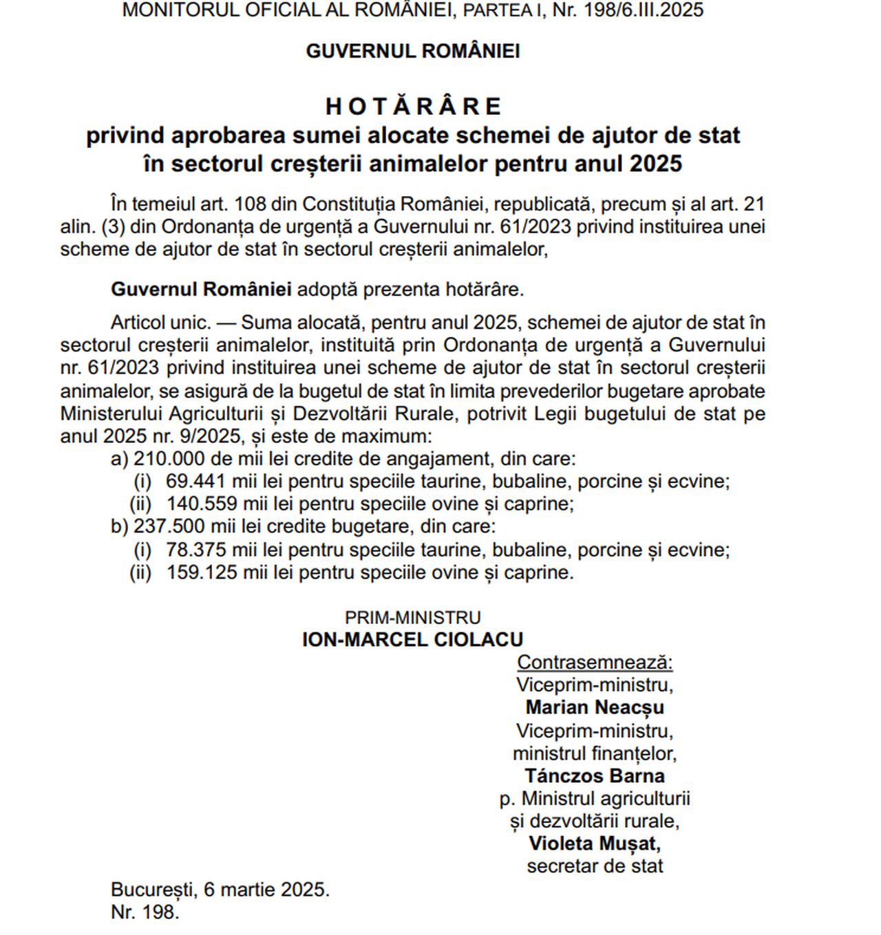 Ajutor de stat pentru creșterea animalelor - alocările din 2025, conform HG 198/2025