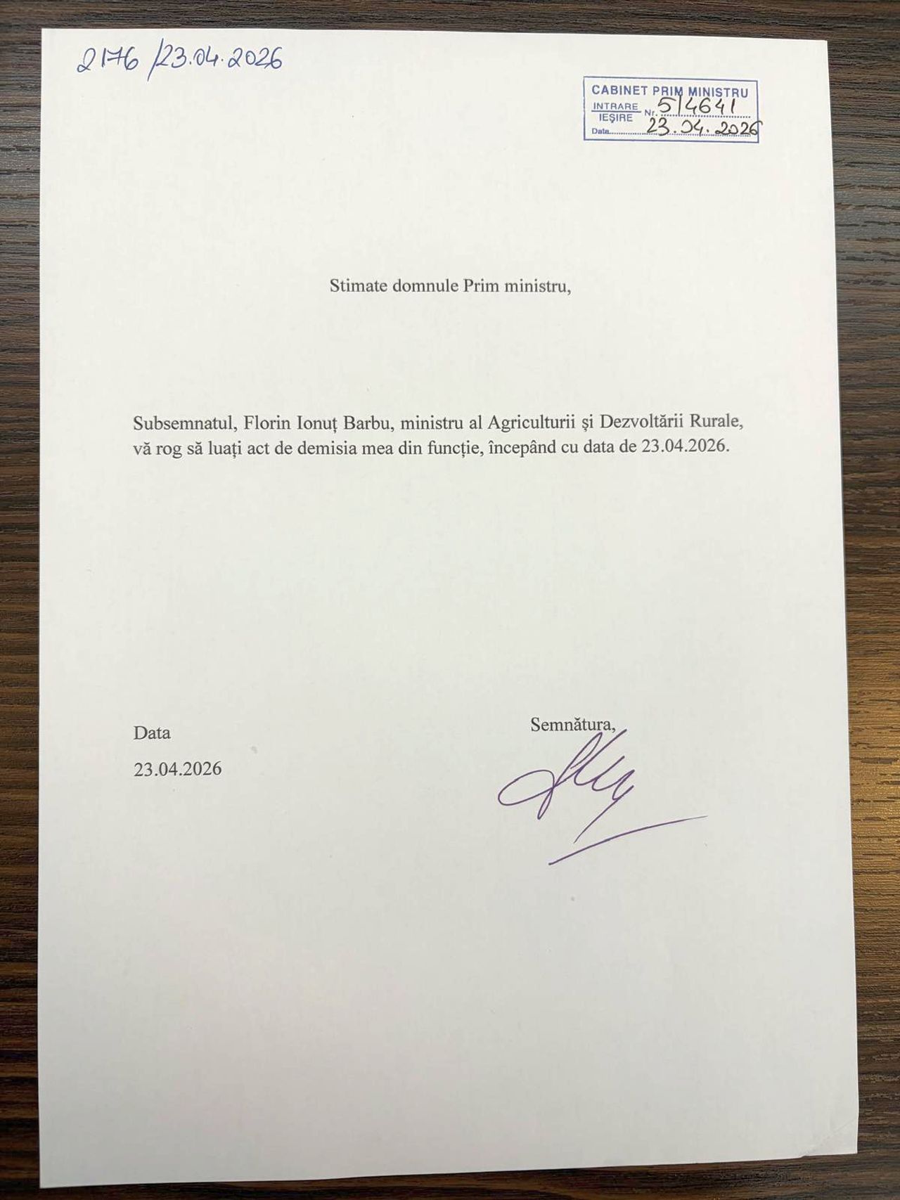 Demisia din funcția de ministru a lui Florin Barbu