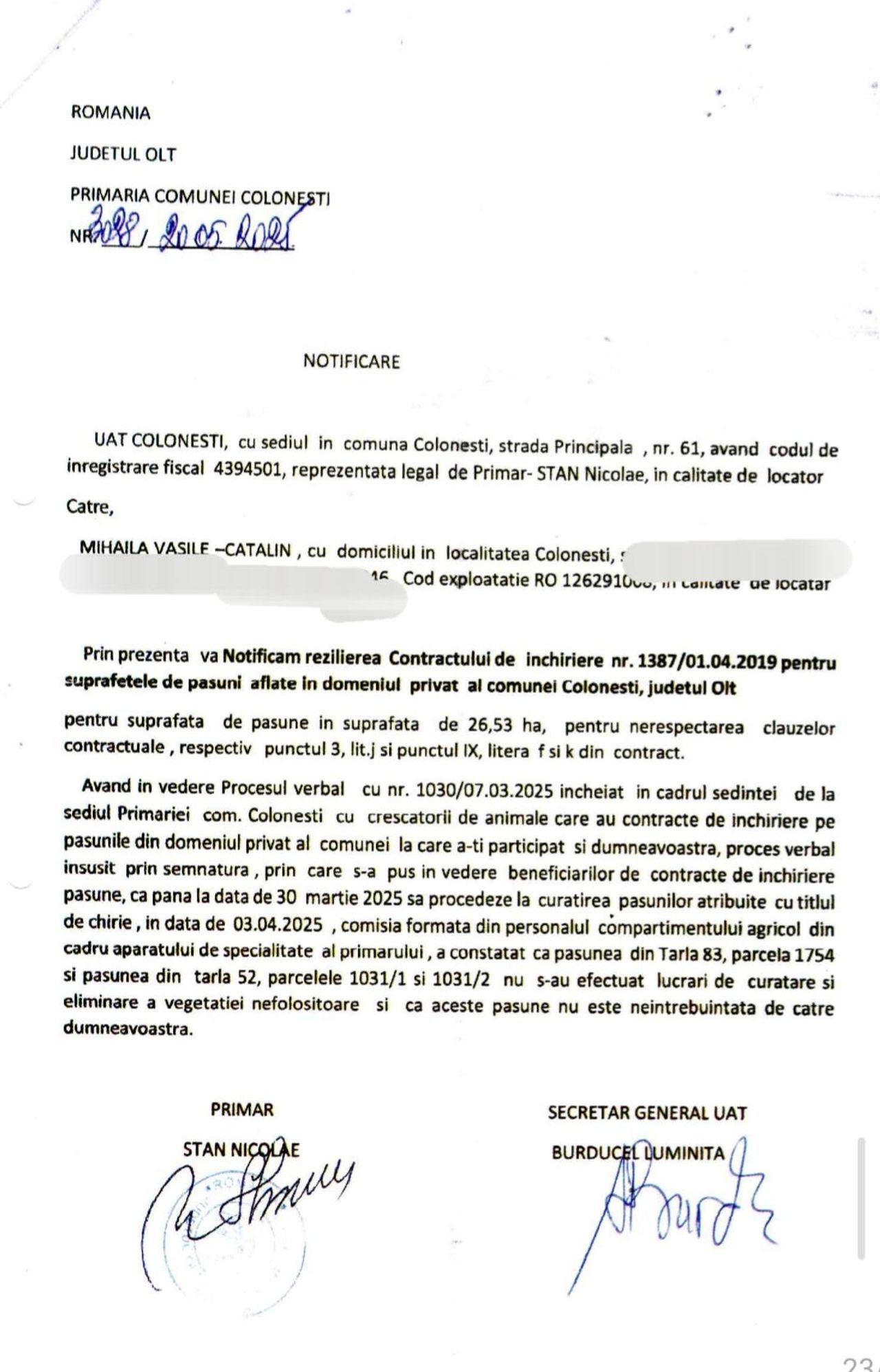 Notificarea privind rezilierea contractului pe pășune