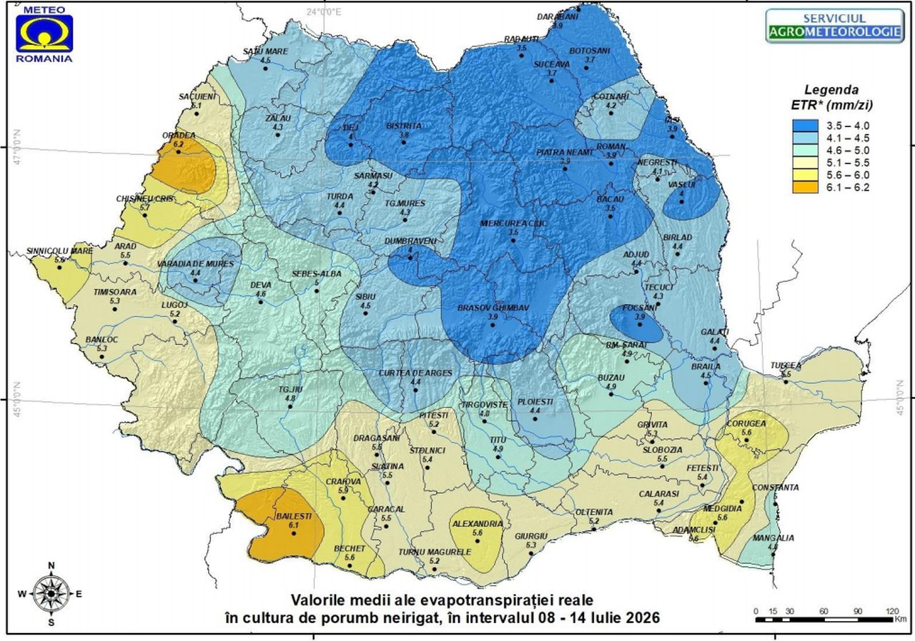 Evapotranspirația reală în cultura de porumb neirigat - 15 iulie 2026
