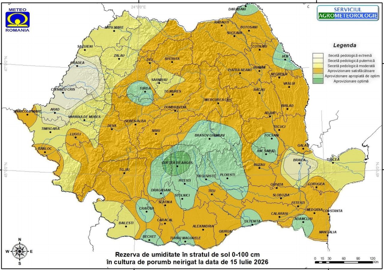 Rezerva de apă din sol la 15 iulie 2026
