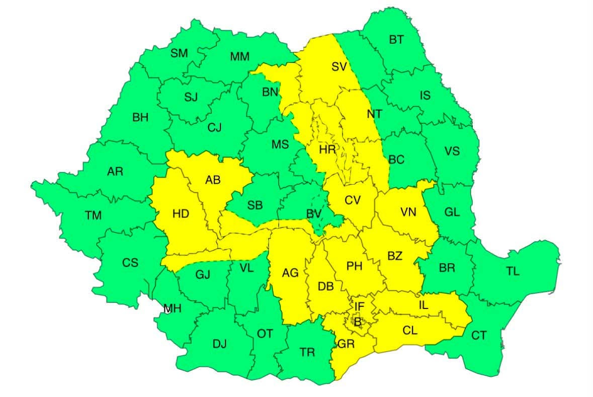 Harta județelor vizate de atenționarea Cod galben valabilă în 24 iulie, între orele 12:00 și 21:00