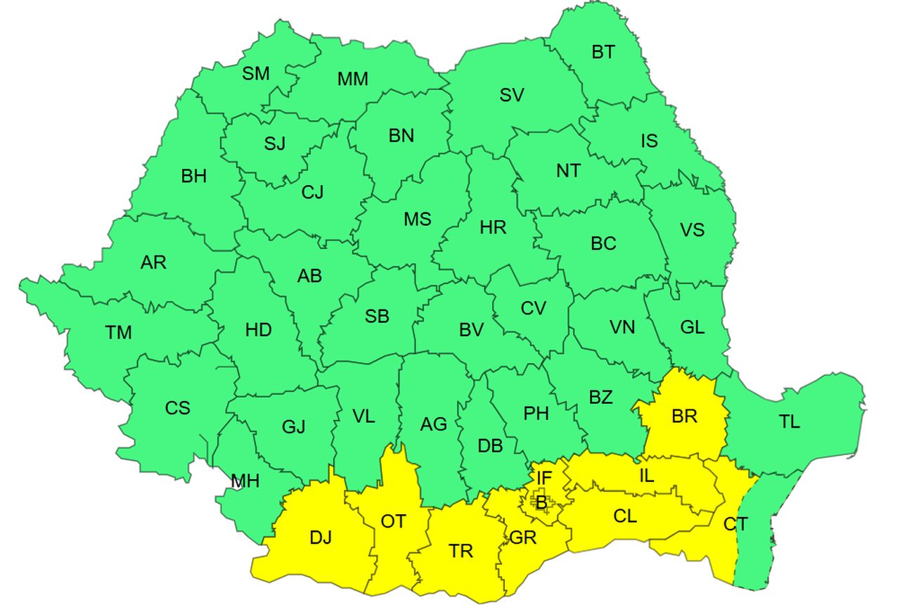Cod galben de caniculă în sudul țării - luni, 20 iulie 2026
