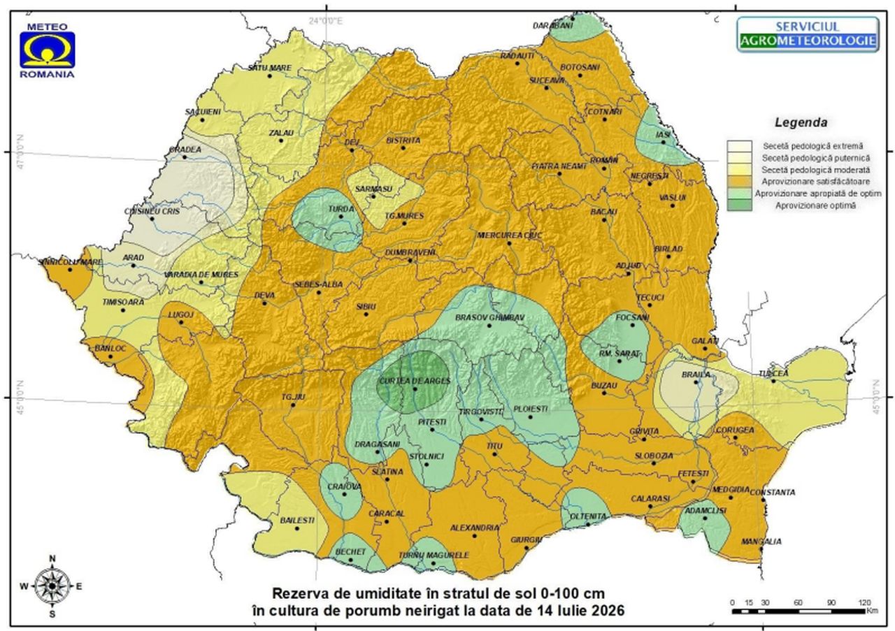 Rezerva de apă din sol la 14 iulie 2026