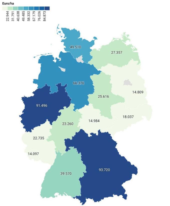 Harta prețurilor la terenuri agricole în Germania
