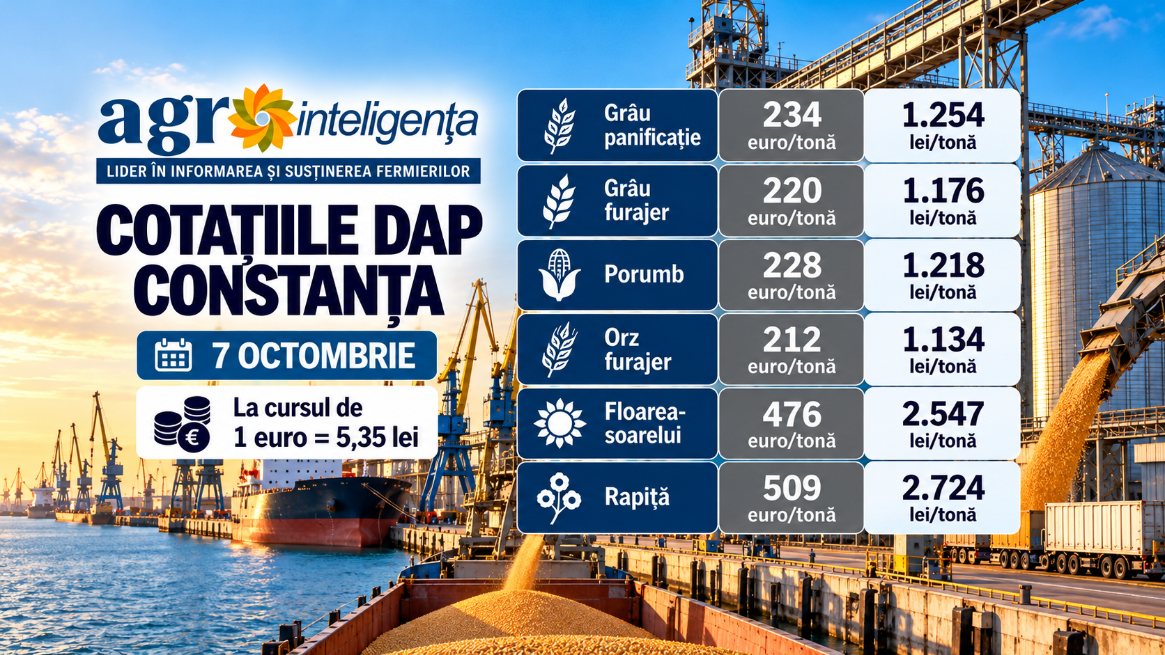 Cotații DAP Constanța cereale și oleaginoase