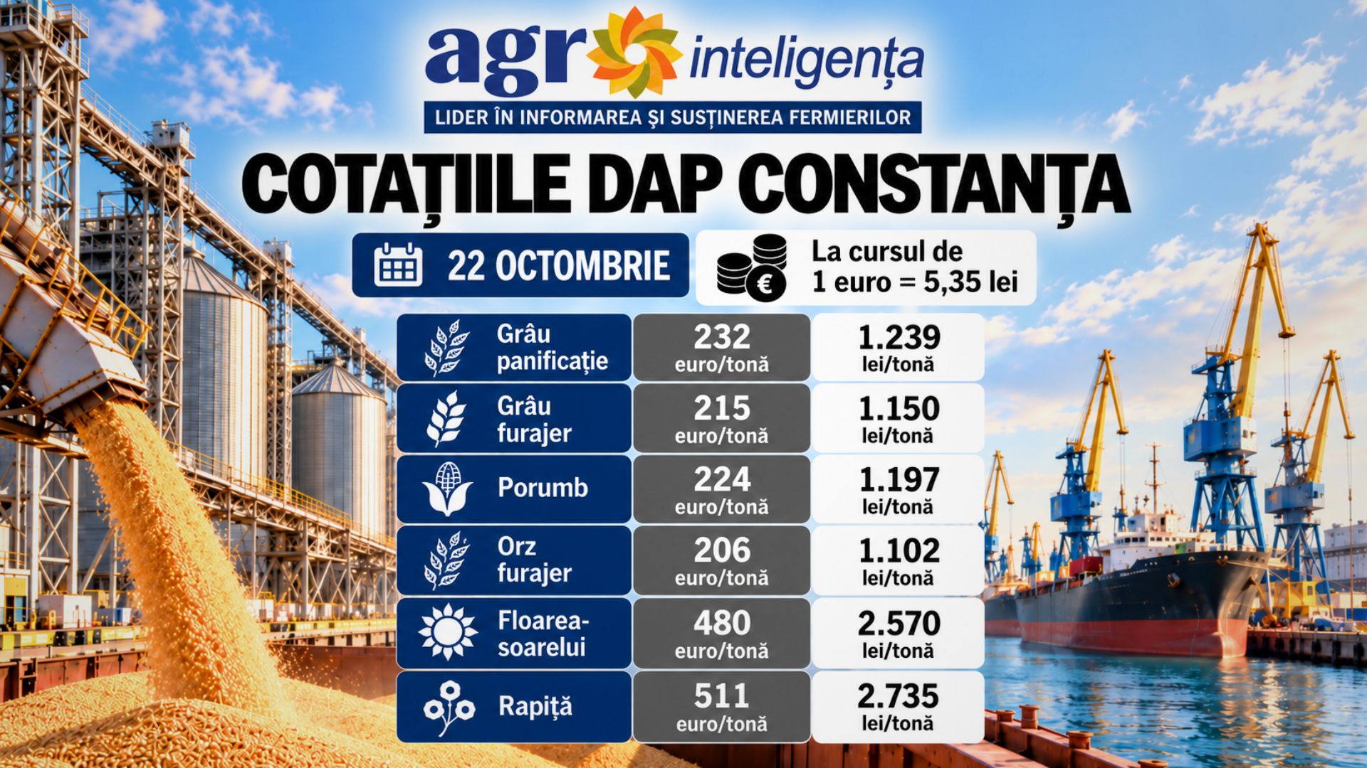 Prețuri cereale și oleaginoase, joi - 22 octombrie
