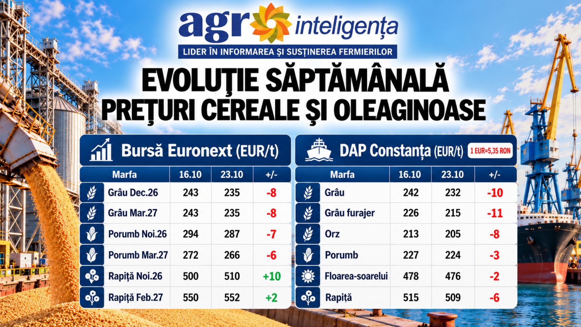 Evoluție săptămânală prețuri cereale și oleaginoase