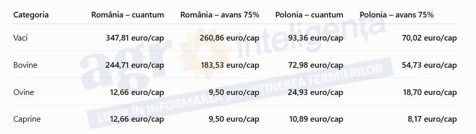 Tabel subvenții zootehnie România și Polonia
